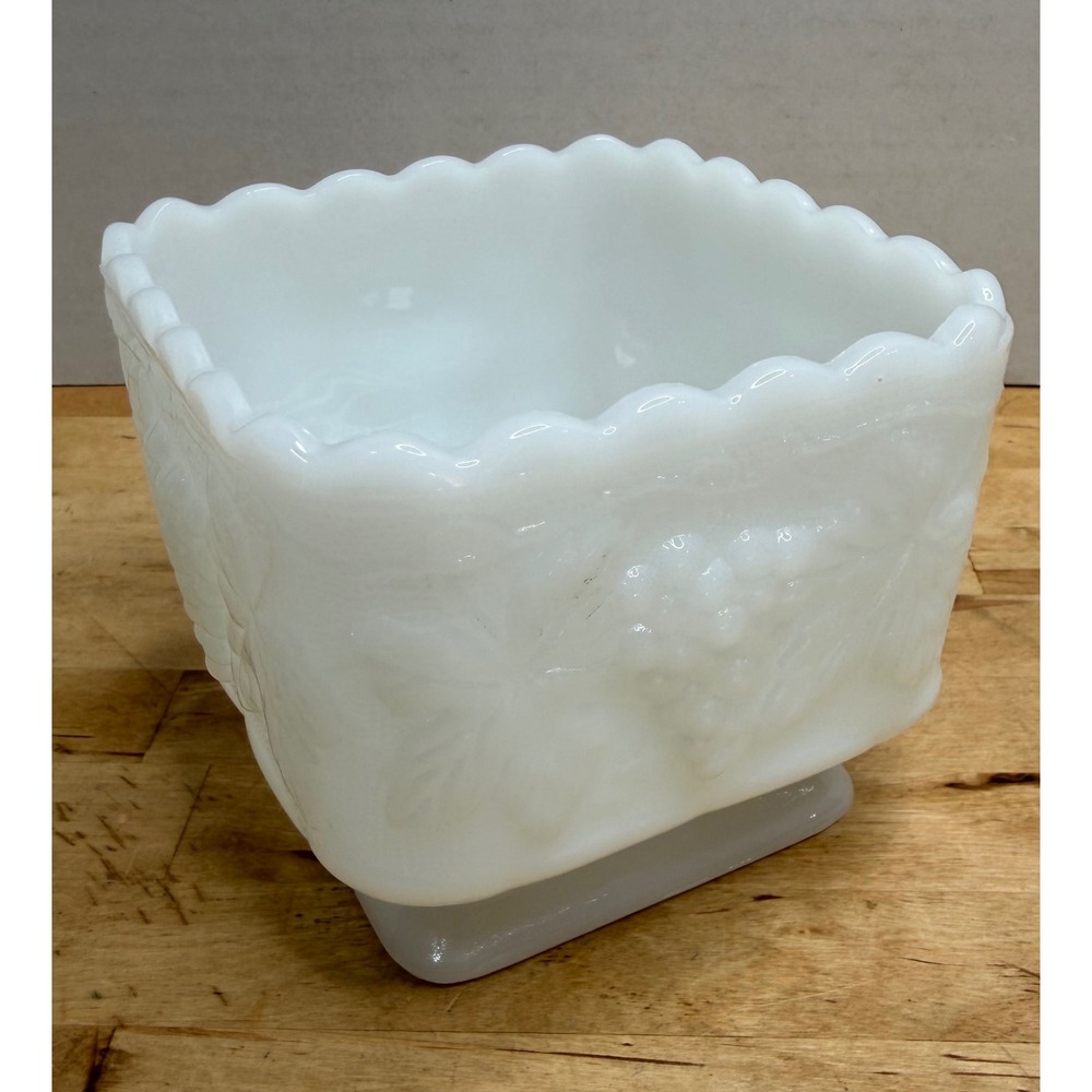 Vintage Colony Milk Glass Harvest Grape Square Planter Vase Scalloped Edge